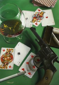 glass of cognac, cards, gun