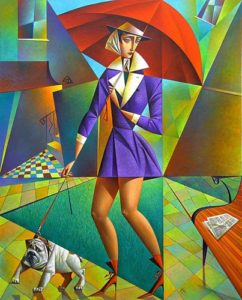 woman in a purple raincoat with red umbrella