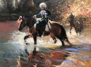 man on horseback crossing river