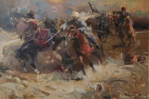 men fighting on horseback