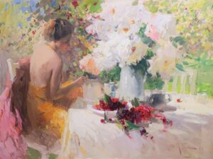 woman sitting with flower bouquet