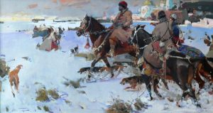 men hunting on horseback
