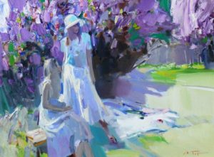 woman in white dress with lilacs