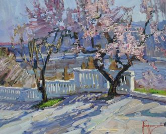 Almond Trees in Bloom (SOLD)<br />
Oil on Canvas <br />
23 x 28 
