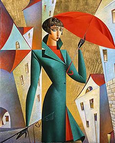 woman in green coat with red umbrella