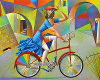 woman in blue dress on bicycle