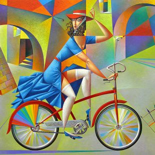 woman in blue dress on bicycle