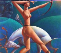 Diana nude woman hunting with bow and arrow