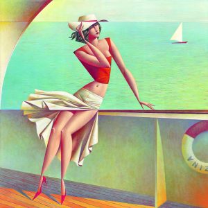 woman on the boat in white skirt