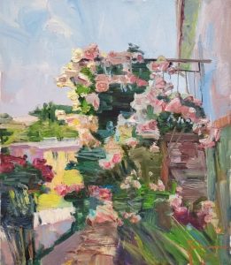 NEW!<br />
Rose Balcony <br />
Oil on canvas<br />
27 x 23<br />
