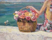 woman with rose basket by the sea