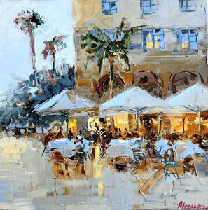 NEW!<br />
Evening Cafe<br />
Oil on canvas<br />
14 x 14