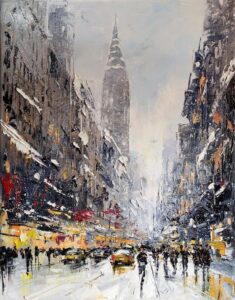 Manhattan Snow Storm (SOLD)<br />
Oil on Canvas <br />
18 x 14