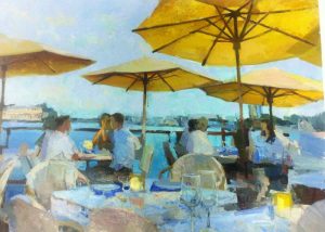 yellow umbrellas at the restaurant on by the water