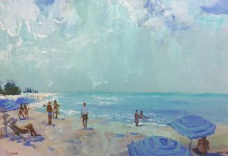 Blue Umbrellas <br />
Oil on Canvas<br />
16 х 24