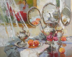 still life with mirror and peaches