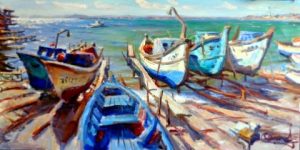 blue boats on the shore