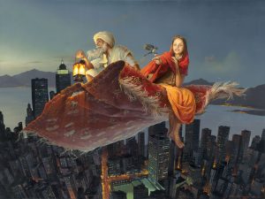 girl and old man flying on magic carpet