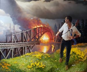 man running away after setting bridge on fire