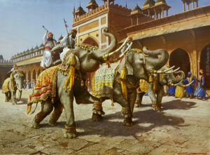 men riding elephants