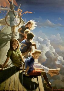 children flying on a fantasy ship