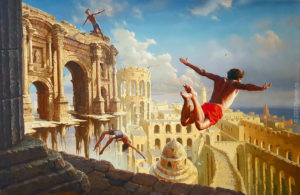 boys jumping and flying in fantasy ruins