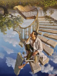 man sitting on floating staircase
