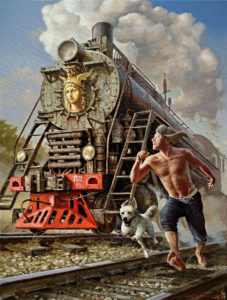 man racing a train with his dog