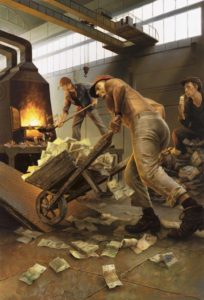 workers shoveling money into a furnace