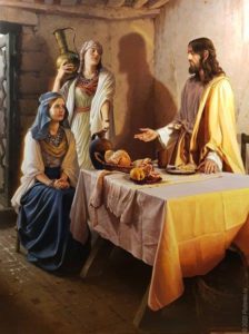 Jesus visiting Mary and Martha (SOLD)<br />
Oil and Tempera on Canvas <br />
67 x 47<br />
(CUSTOM REPRODUCTIONS AVAILABLE)