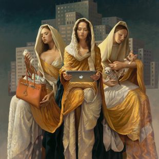 three women holding money, ipad, and dogs