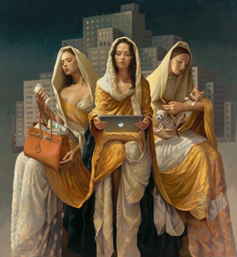 three women holding money, ipad, and dogs