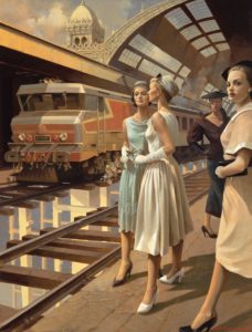women standing at a train station