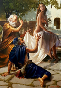 Susanna and Elders<br />
Oil and Tempera on Canvas <br />
51 x 35