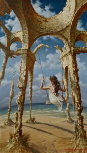 girl swinging on a swing by the sea