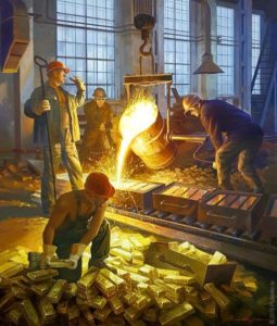 men pouring bricks of gold