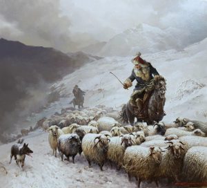 mongolian man herding sheep in the snow
