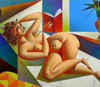 nude woman reclining reading book