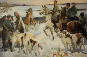 men on horseback hunting with dogs