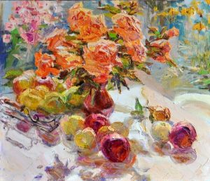 stillife with orange flowers and peaches