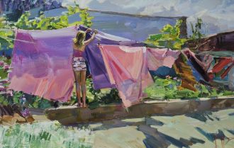 Morning Chores (SOLD)<br />
Oil on Canvas<br />
23.5 x 37