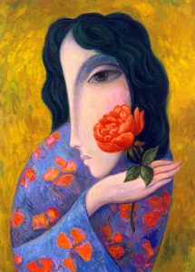 dark haired woman with red rose