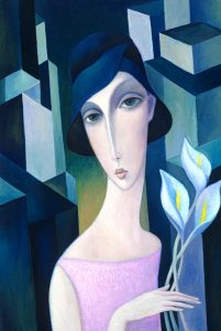 woman with cala lilies