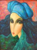 female portrait in blue cap