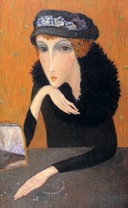 woman seated with broken pearl necklace