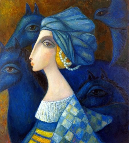 woman in blue clothing and blue horses