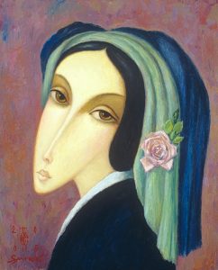 female portrait with green blue head veil