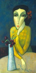 seated woman with vase