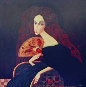 woman with red hair and fan