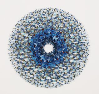 Blue Bayou Dreamcatcher<br />
Resin-glass, ink, paper, ash<br />
39 x 39 x 5
